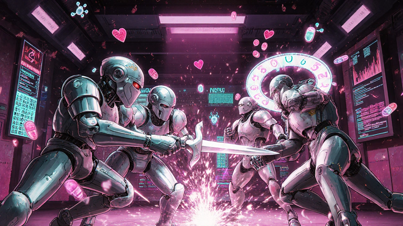 Four robotic knights representing ED medications battle in a glowing lab arena with molecular charts and warning signs.