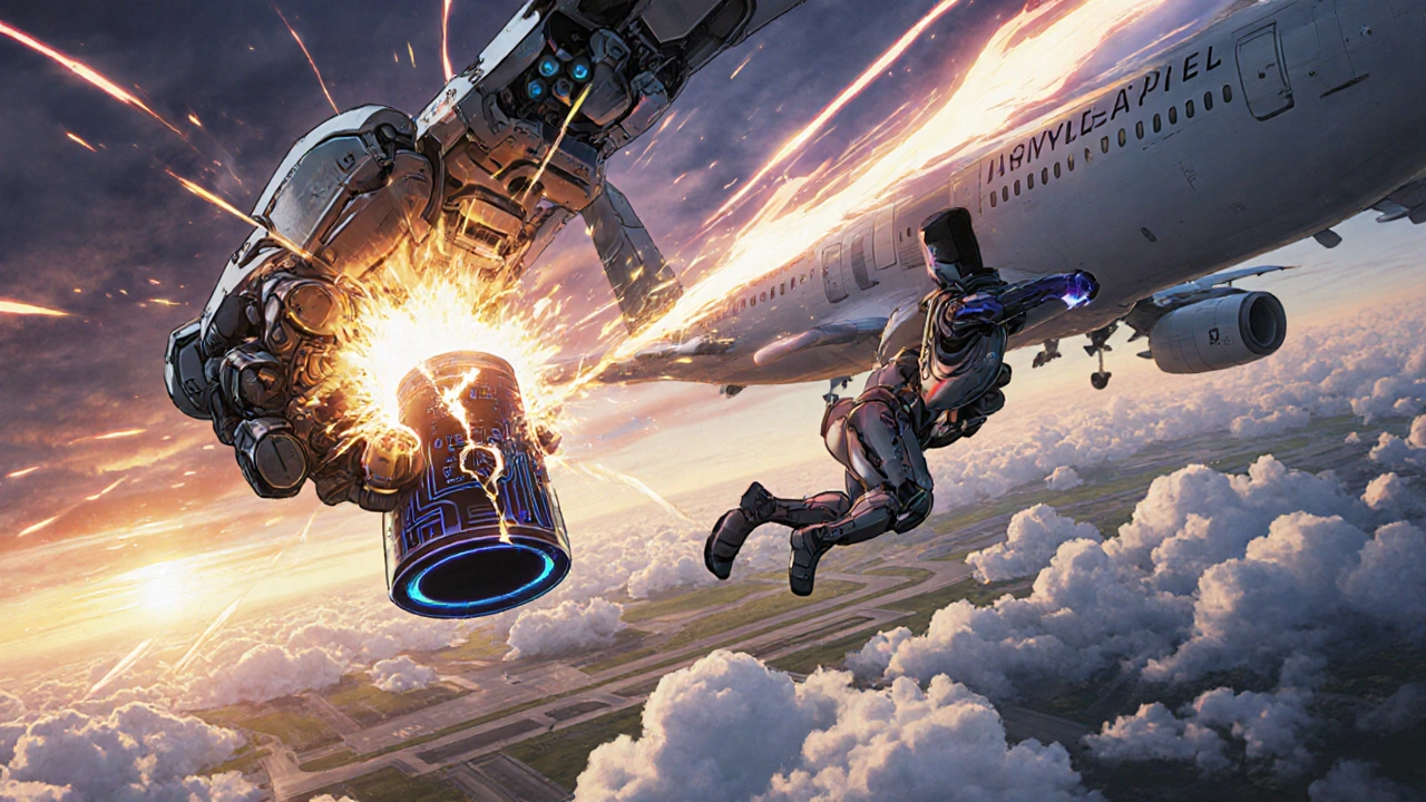 Hero intercepting a dangerous overheating inhaler mid-flight with a containment field.