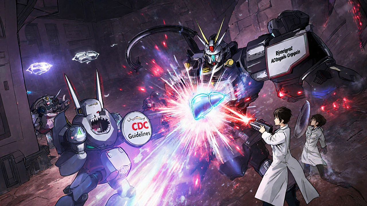 Inside a liver fortress, a hormonal engine is defended by robot doctors against a red-energy mech labeled rifampin, while other antibiotics are harmless drones.