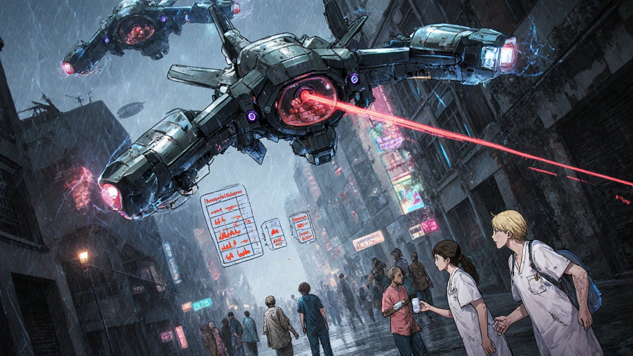 Medical drones fly over a city, delivering last-resort antibiotics to desperate people below, while resistogram charts glow in the air.