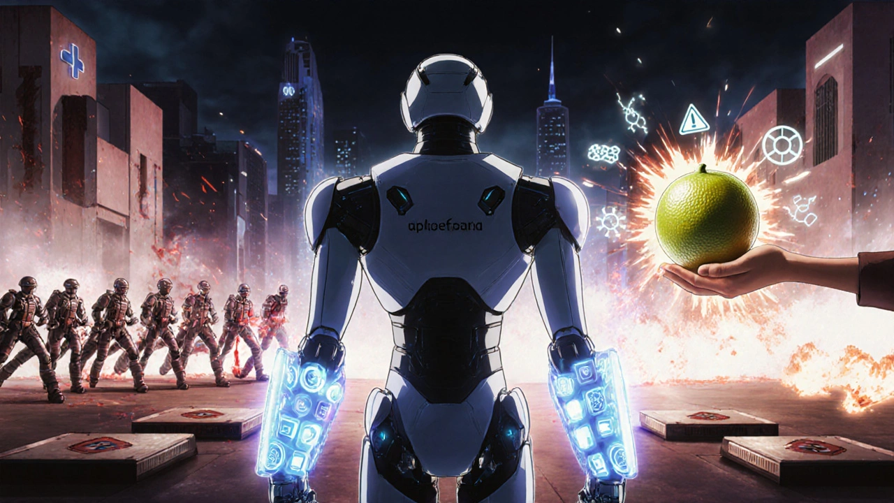 Pharmacist robot mediating battle between warfarin and sulfonamide soldiers over protein platforms, grapefruit exploding into warning symbols.