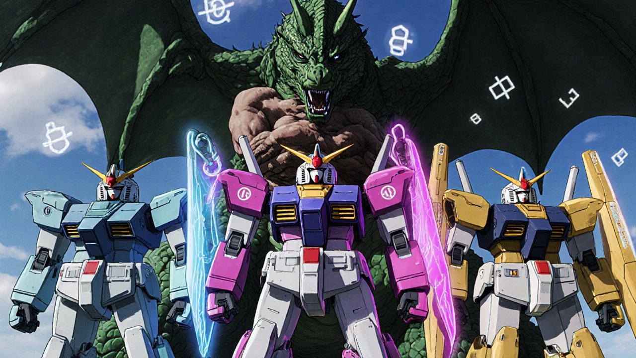 Three specialized robots neutralize an opioid dragon threatening a patient’s digestive system with colored shields.