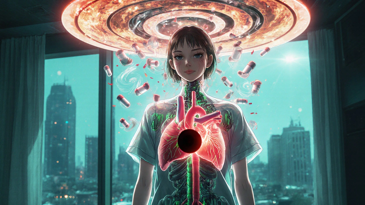 Transparent female patient revealing blocked ion channels and spiraling ECG waveform above her, surrounded by drug molecules.