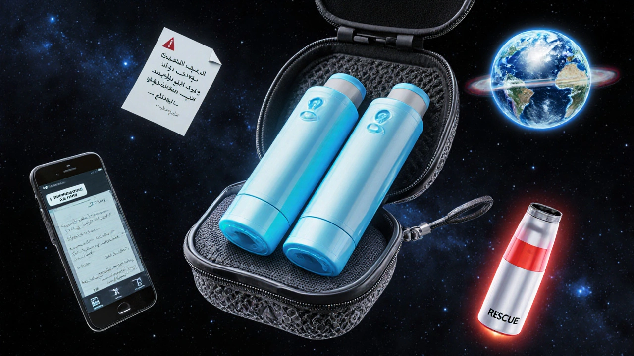 Two formoterol inhalers in a high-tech case with digital medical icons floating around them.