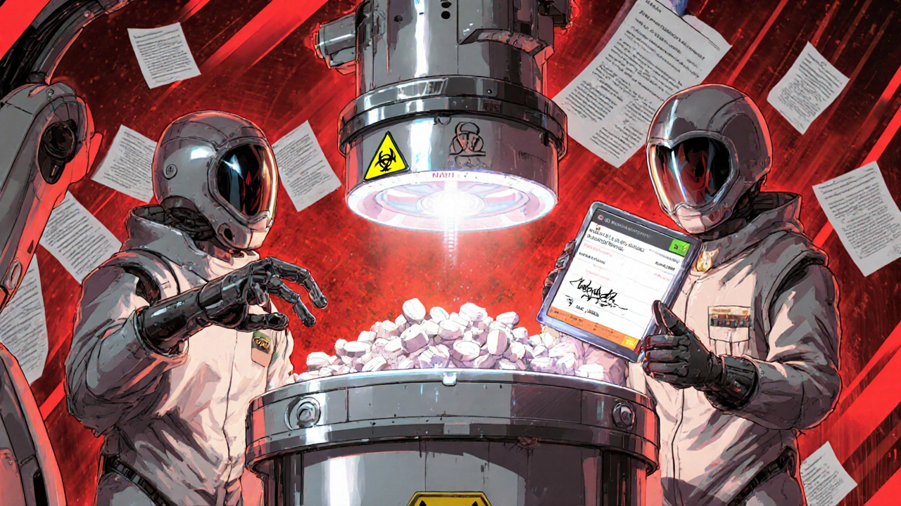 Two medical staff use a robotic witness arm to seal crushed pills into a biohazard container with digital logs.