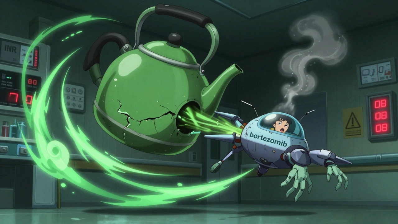A chemotherapy drone is weakened by green tea energy tendrils in a hospital-themed battlefield.