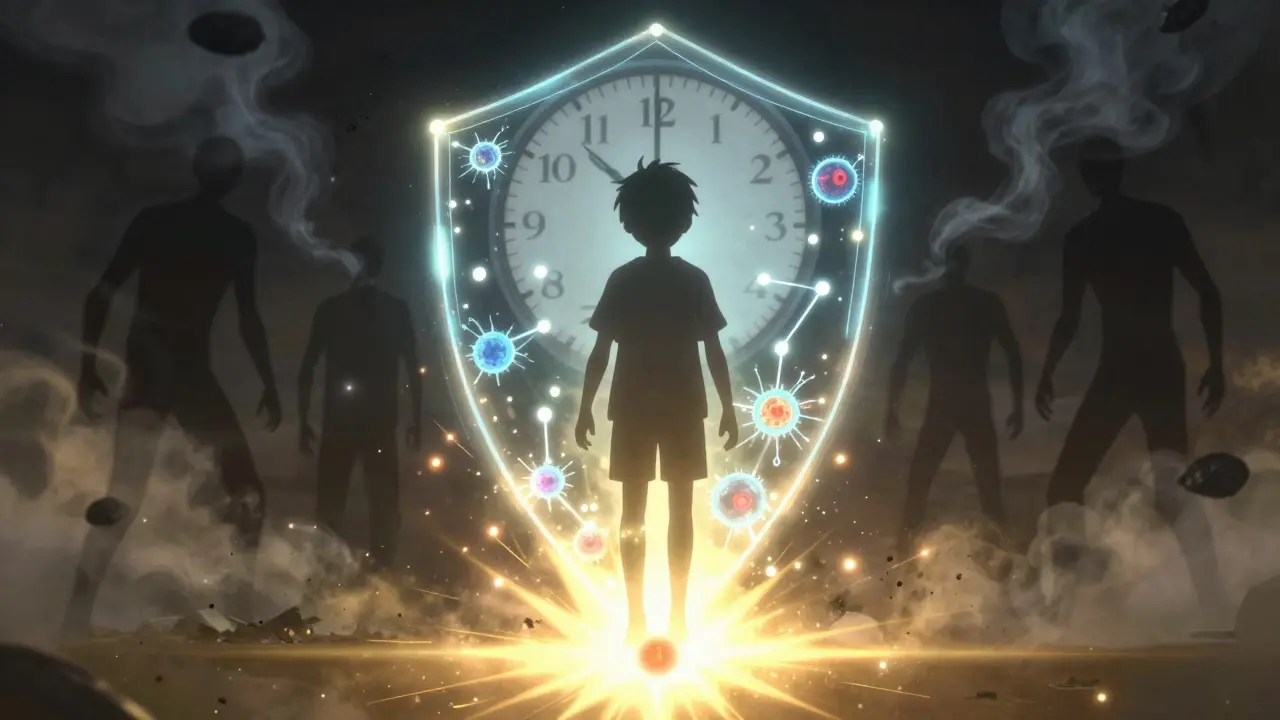 A child’s immune cells form a protective shield while misdiagnoses crumble, with a clock showing reduced diagnosis time in glowing anime style.