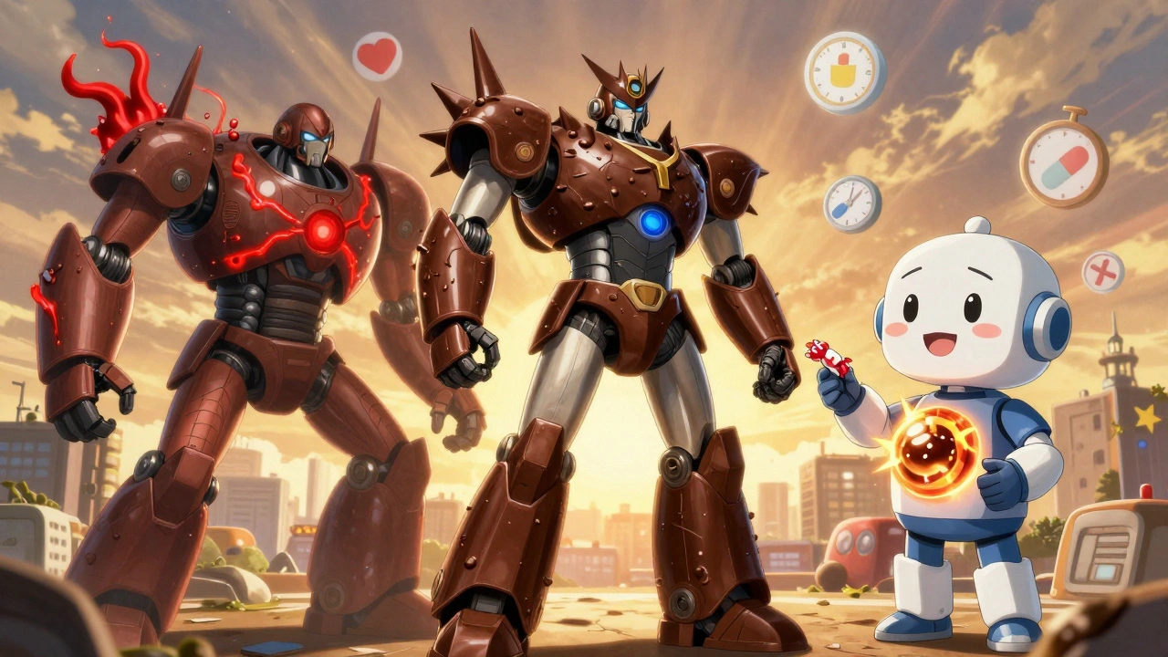 A chocolate robot stands between dangerous MAOI forces and a helpful painkiller robot in a medical showdown.