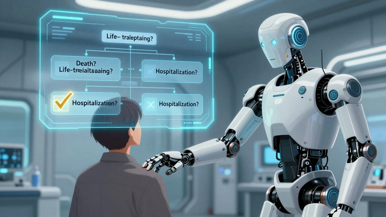 A clinician confirms a serious event as an AI decision tree displays four critical questions.