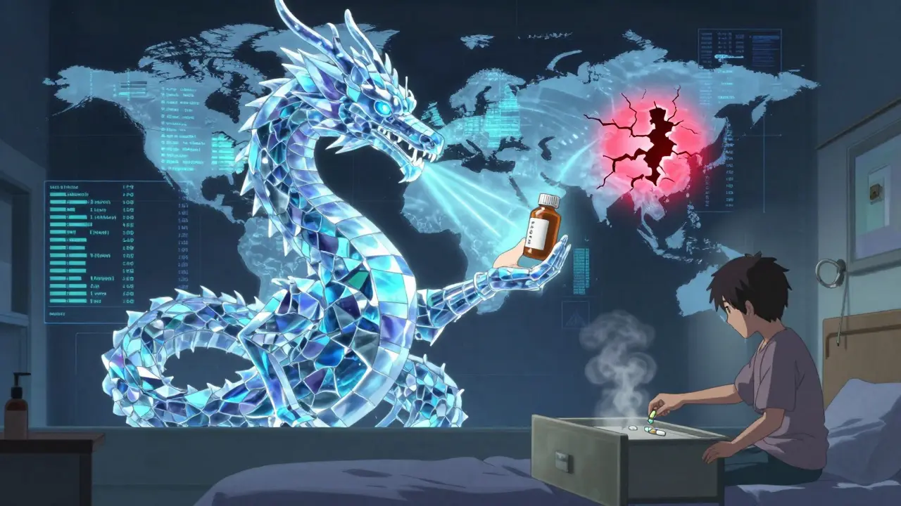 A data dragon projects drug shelf life over patients, one scale cracked in warning.