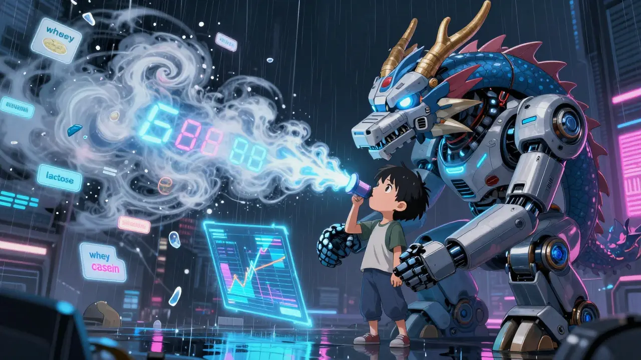 A dragon-shaped breath-test machine analyzes hydrogen gas with glowing holographic graphs.