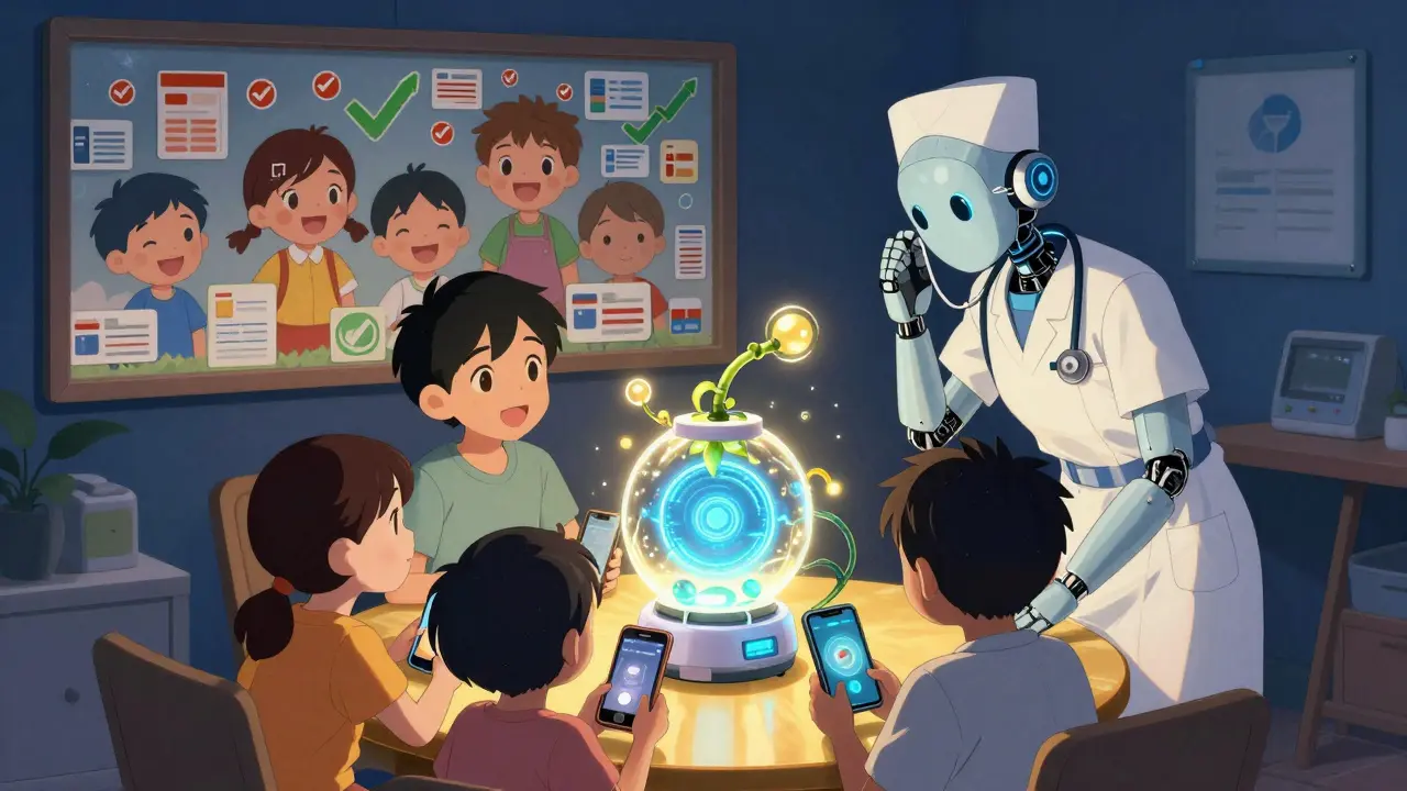 A family uses a smart pill dispenser with robotic nurse assistance, surrounded by safety symbols and color-coded reminders.