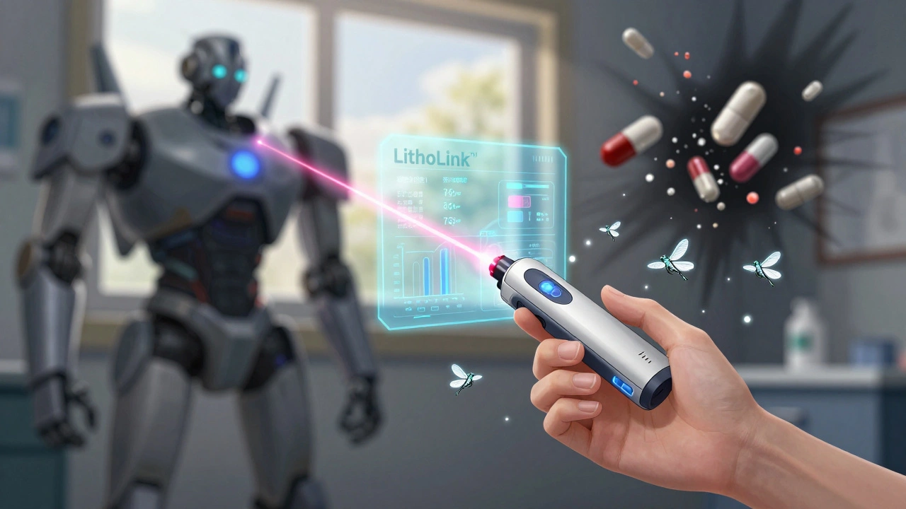 A futuristic device scans blood as nano-lithium dragonflies hover near a calm hand.