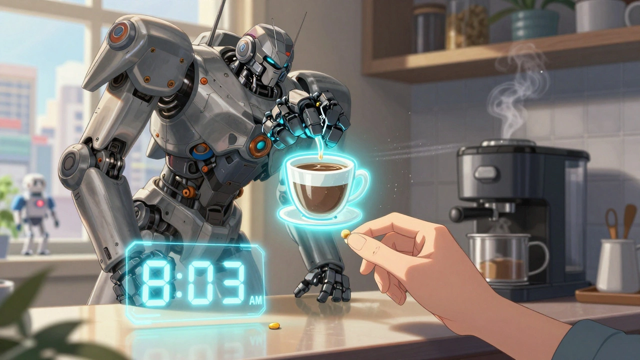 A giant robotic arm placing pills into a coffee-cup-shaped organizer next to a coffee maker.