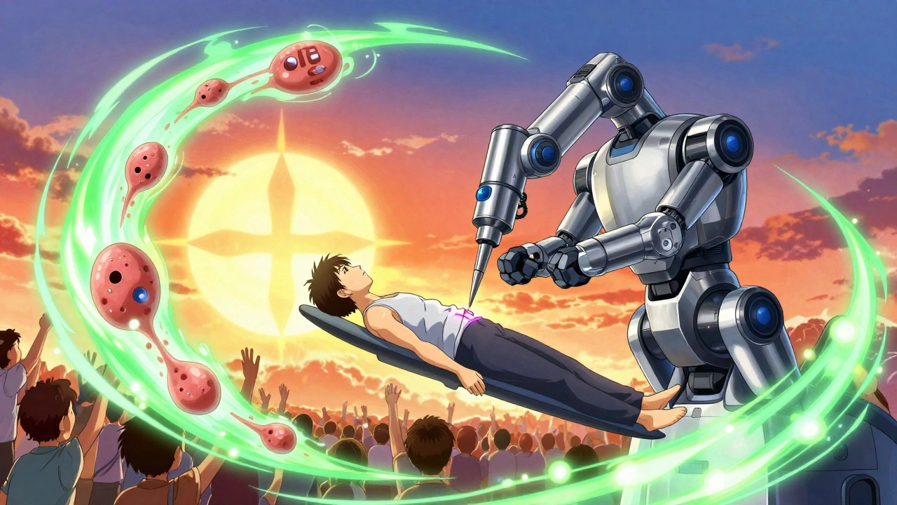 A giant surgical robot performing a precise procedure, with healing energy swirling around the patient.
