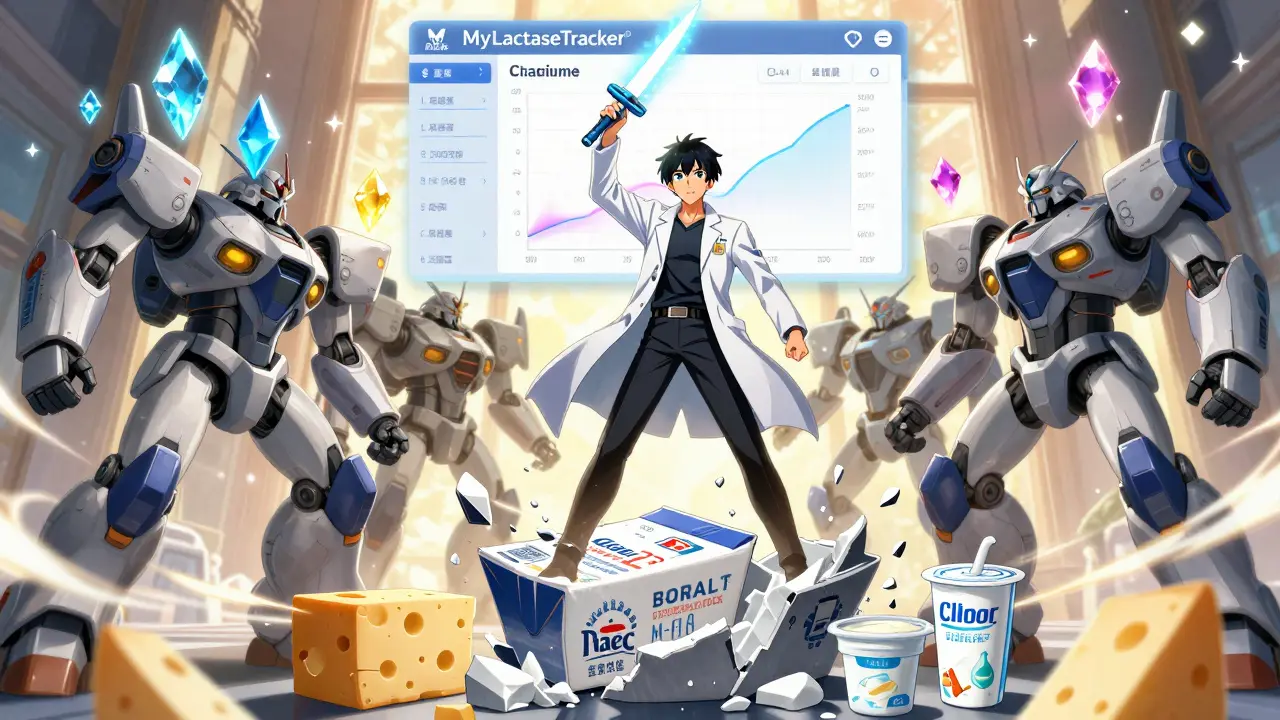 A hero holds a lactase pill as fortified foods rise as mech units around them.