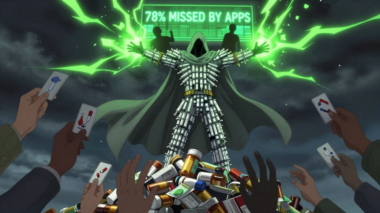 A hero in a naloxone-syringe cloak revives fallen figures as digital screen shows &#039;78% missed by apps&#039;.