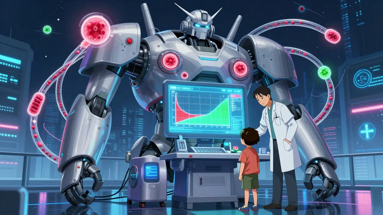 A high-tech diagnostic machine displays immune system data as a parent and doctor watch, in a neon-lit cyberpunk medical scene.