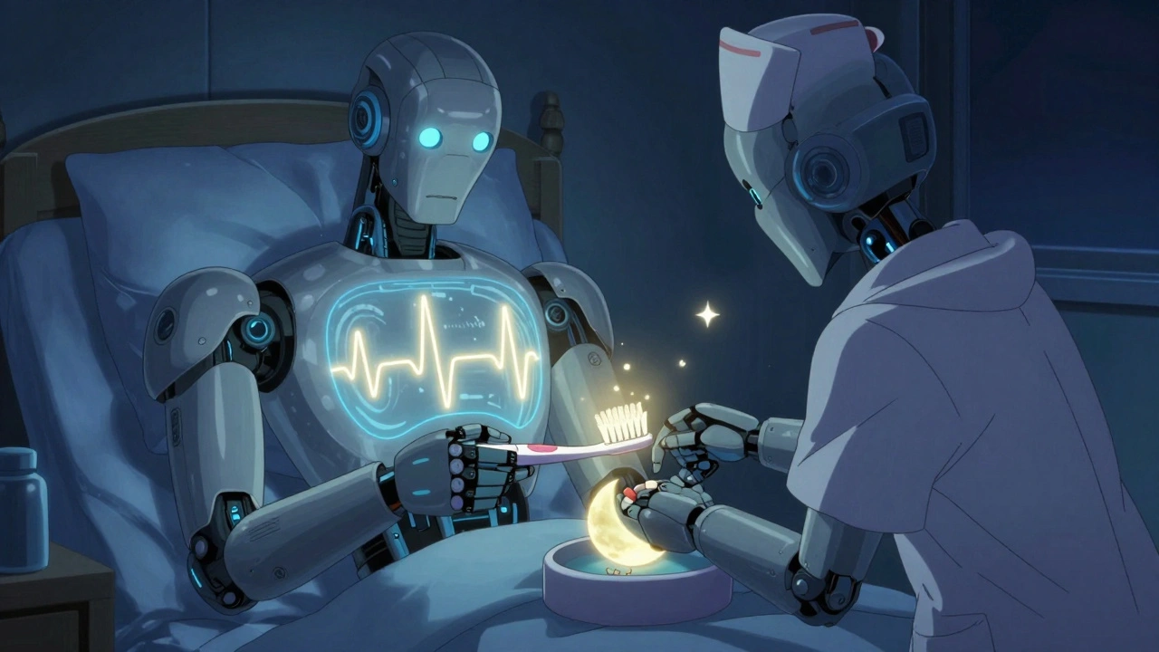 A humanoid robot with a glowing circadian map synchronizing pills with toothbrushing at night.