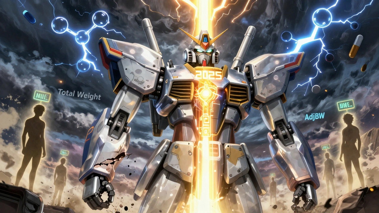 A mecha scale shifting from total weight to adjusted body weight, with patients and drug algorithms glowing around it.
