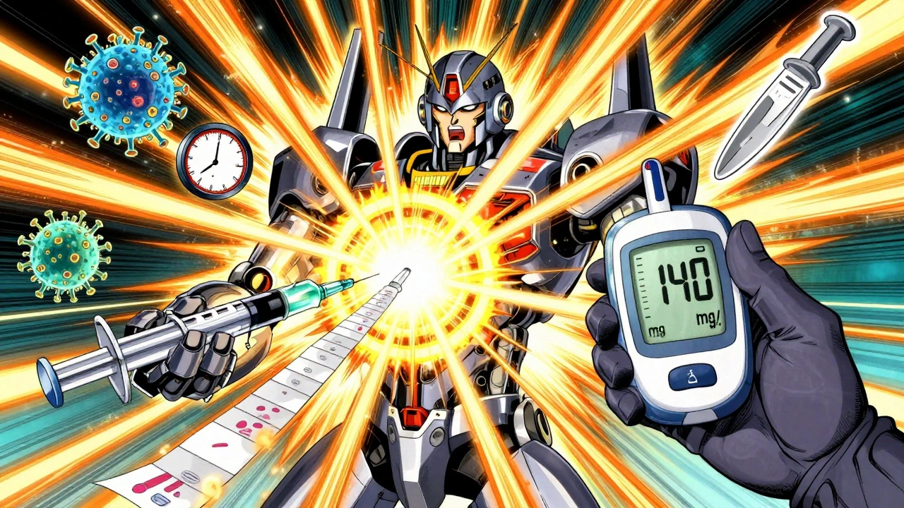 A medical robot detects normal blood sugar but rising ketones, with explosive warning symbols around a sick patient.