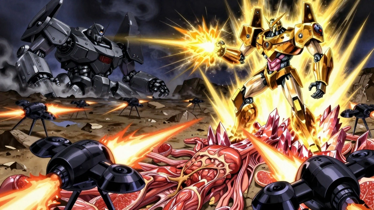 A patient&#039;s muscle fortress fights grapefruit drones, while a new golden rosuvastatin mech rises from the ruins.