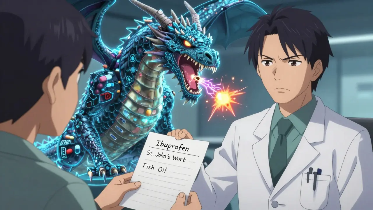 A patient hands a medication list to a doctor while a dragon made of drug labels roars with warning sparks.