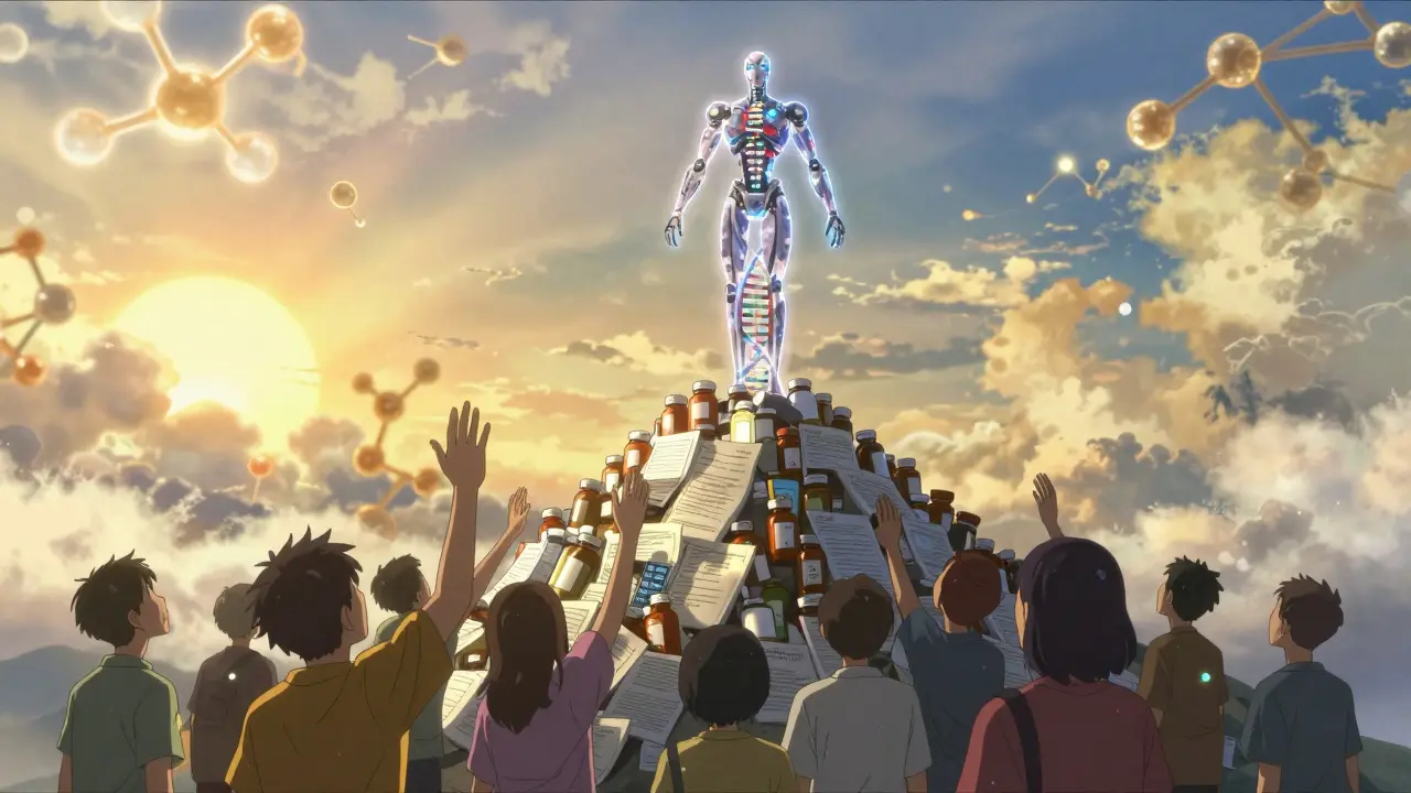 A patient is lifted by a DNA-shaped robot as others reach for hope amid inequality.