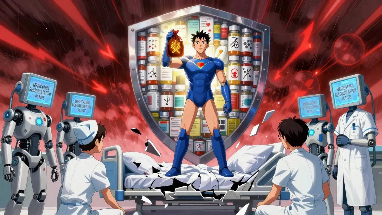 A patient stands atop a hospital bed holding a brown bag as robotic nurses kneel, surrounded by a shield of pill bottles and allergy notes.
