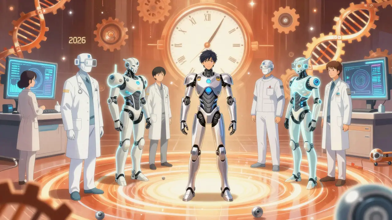 A patient surrounded by interchanging biologic lots forming adaptive armor, under a clock made of DNA helixes.