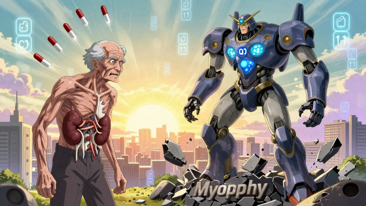 A patient transformed into a resilient mech with pravastatin armor, defeating a myopathy monster under a sunrise.