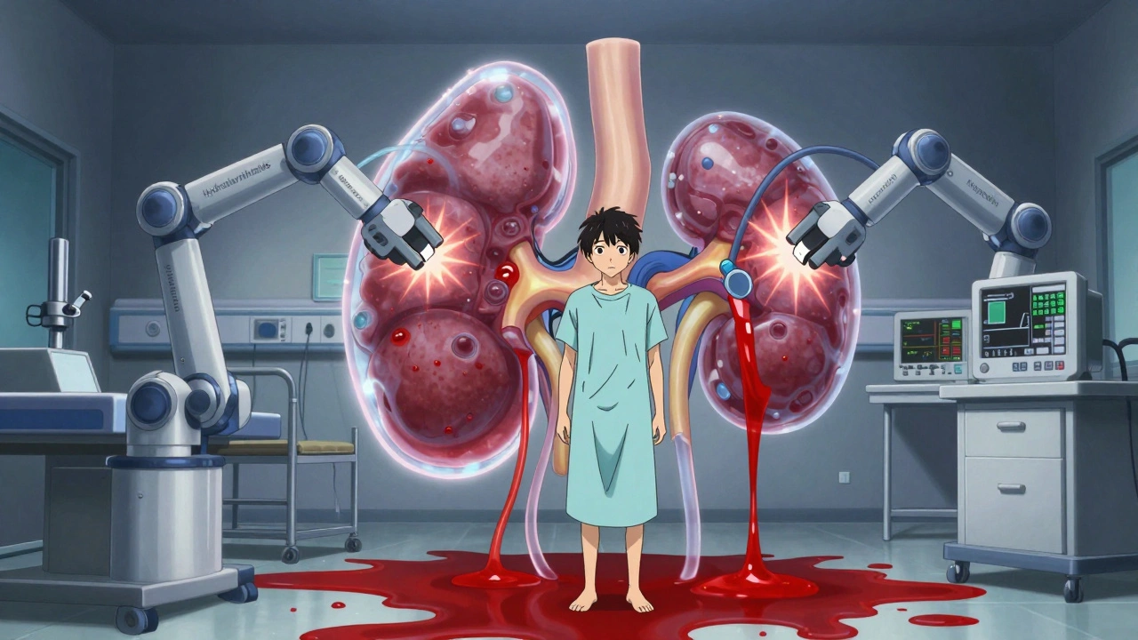 A patient with a robotic kidney overflowing with lithium fluid, crushed by medication arms.