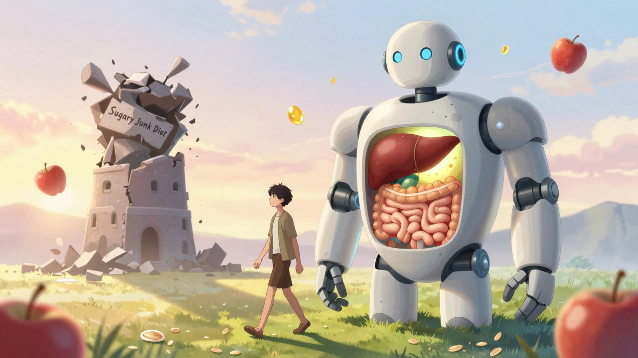 A person walking beside a gentle robot showing a healthy liver and gut, surrounded by healthy foods as junk diet crumbles.