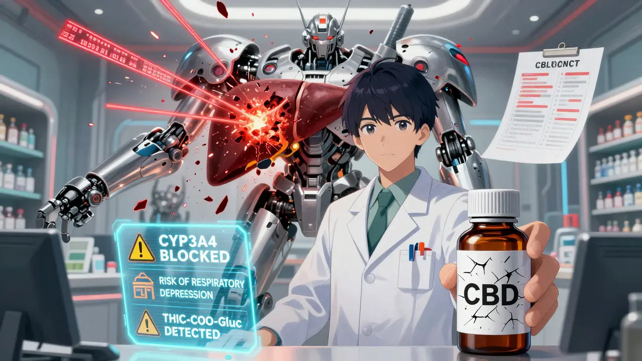 A pharmacist facing holographic drug interaction warnings, as a robot liver explodes into data streams behind them.