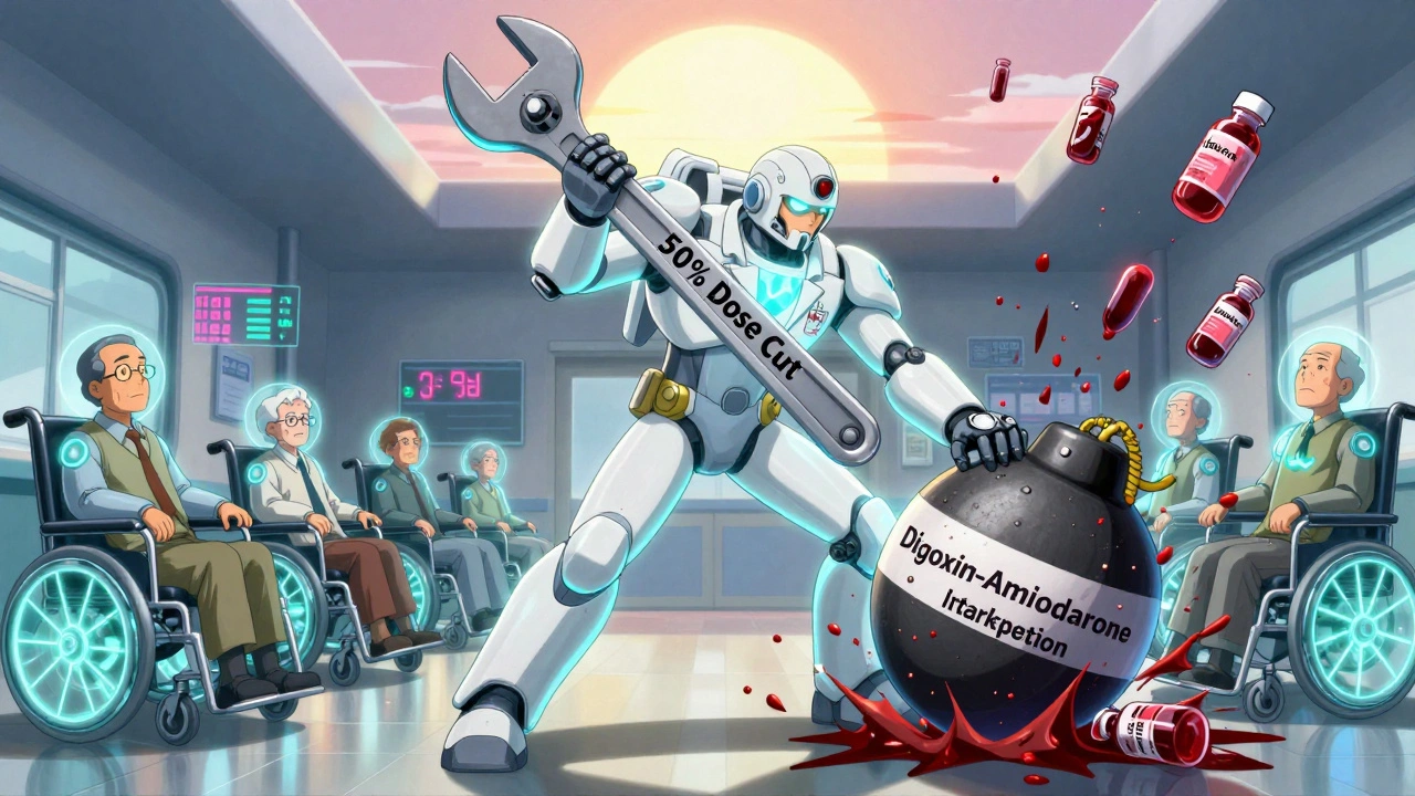 A pharmacist in a glowing suit smashing a toxic interaction bomb, while patients glow with safe heart rhythms behind them.