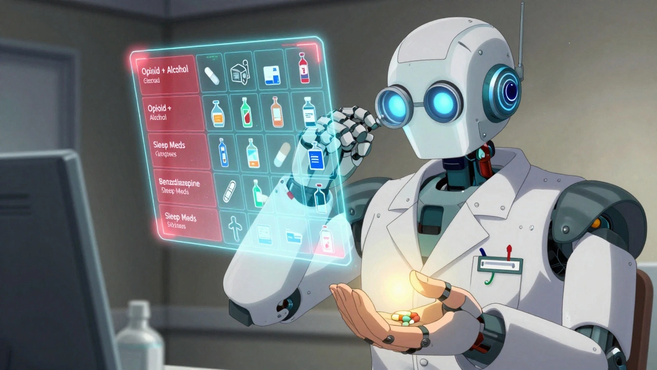 A pharmacist robot scans holographic drugs, red warnings flashing around dangerous combinations like opioids and alcohol.