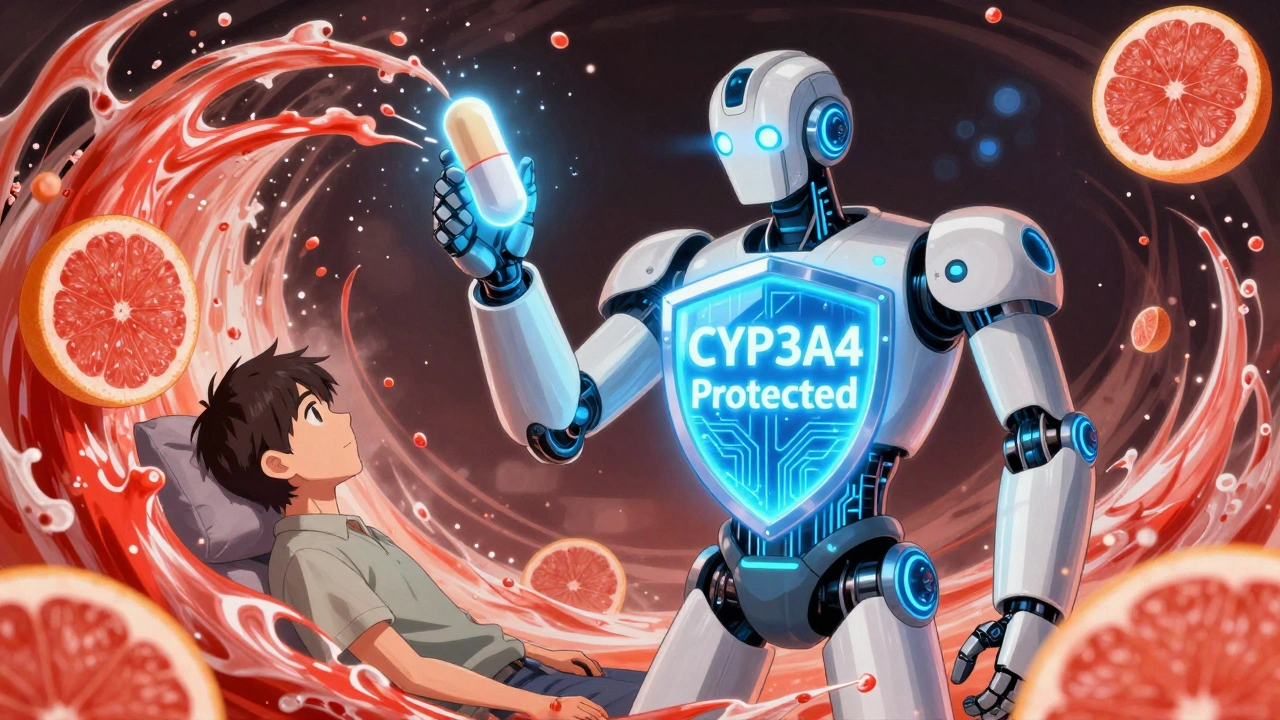 A pharmacist robot shields a patient from grapefruit tentacles, holding a glowing rosuvastatin pill as a protective symbol.