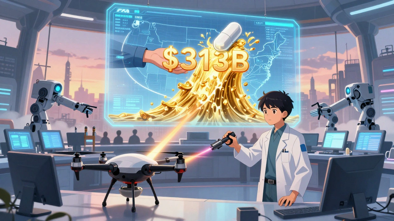 A pilot robot disassembles patent thickets as a wave of savings flows across a hopeful city.