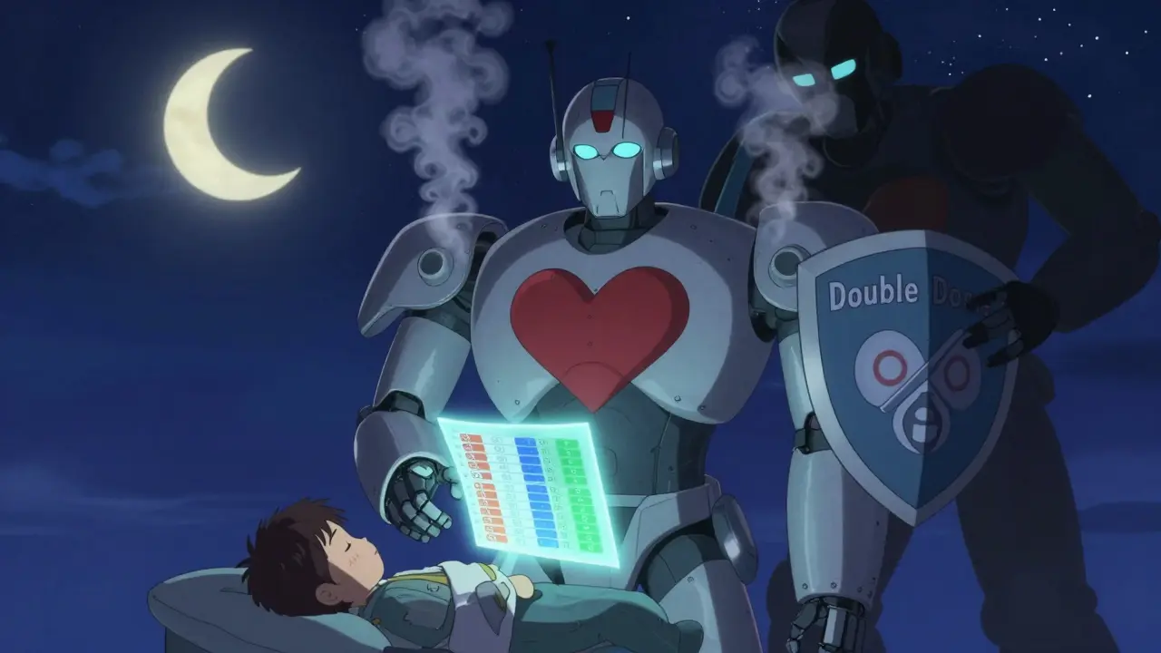 A protective robot guardian shields a sleeping child from overdose dangers with a glowing medication schedule.