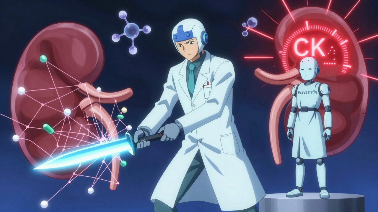 A robot doctor cutting through harmful drug interactions while a safe statin stands protected on a shield pedestal.