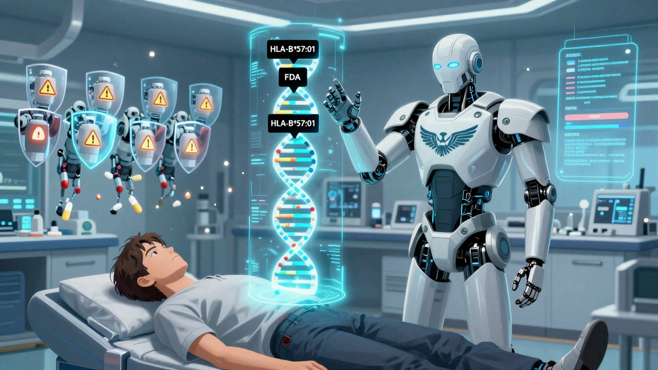 A robotic arm scans a patient&#039;s DNA, triggering a black box warning as holographic pills transform into protective shields.