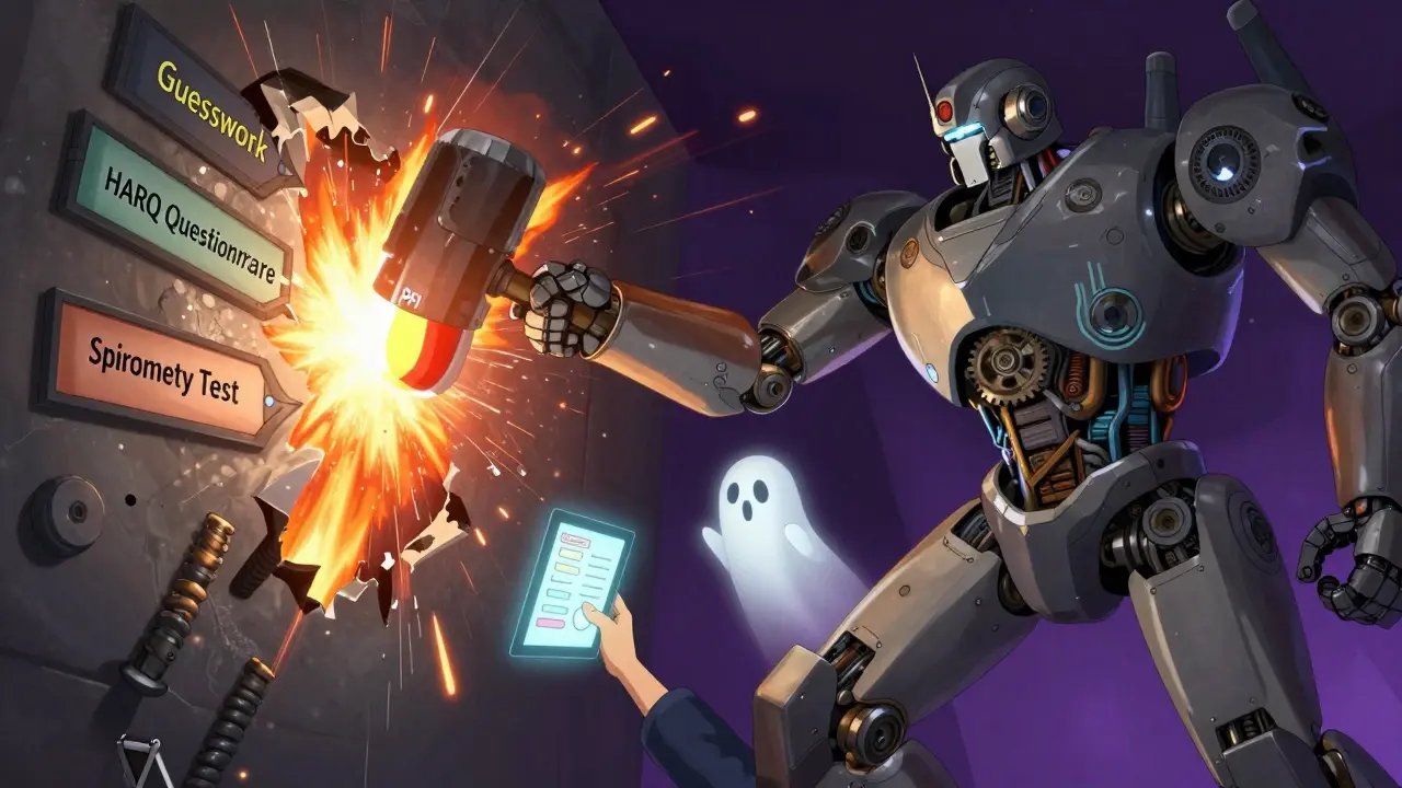 A robotic arm smashes through 'Guesswork' to reveal diagnostic tests like HARQ and spirometry.