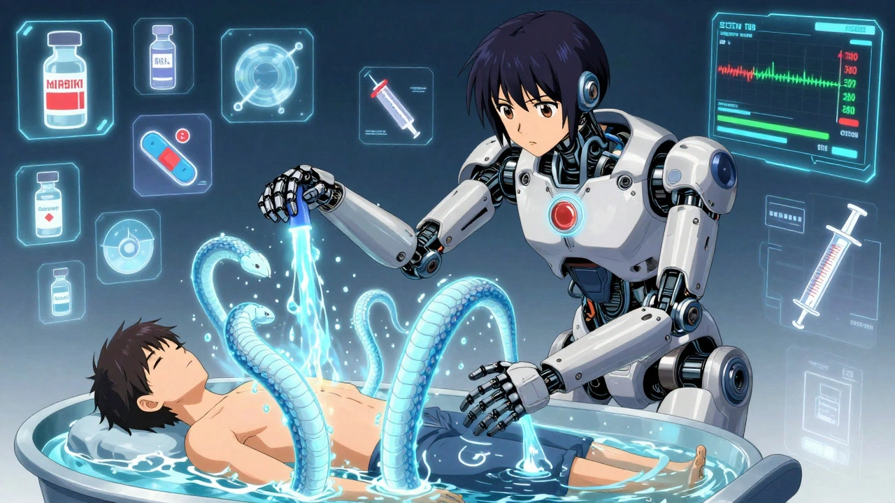 A robotic healer spraying warm water jets in a sitz bath, with digital health data floating nearby.