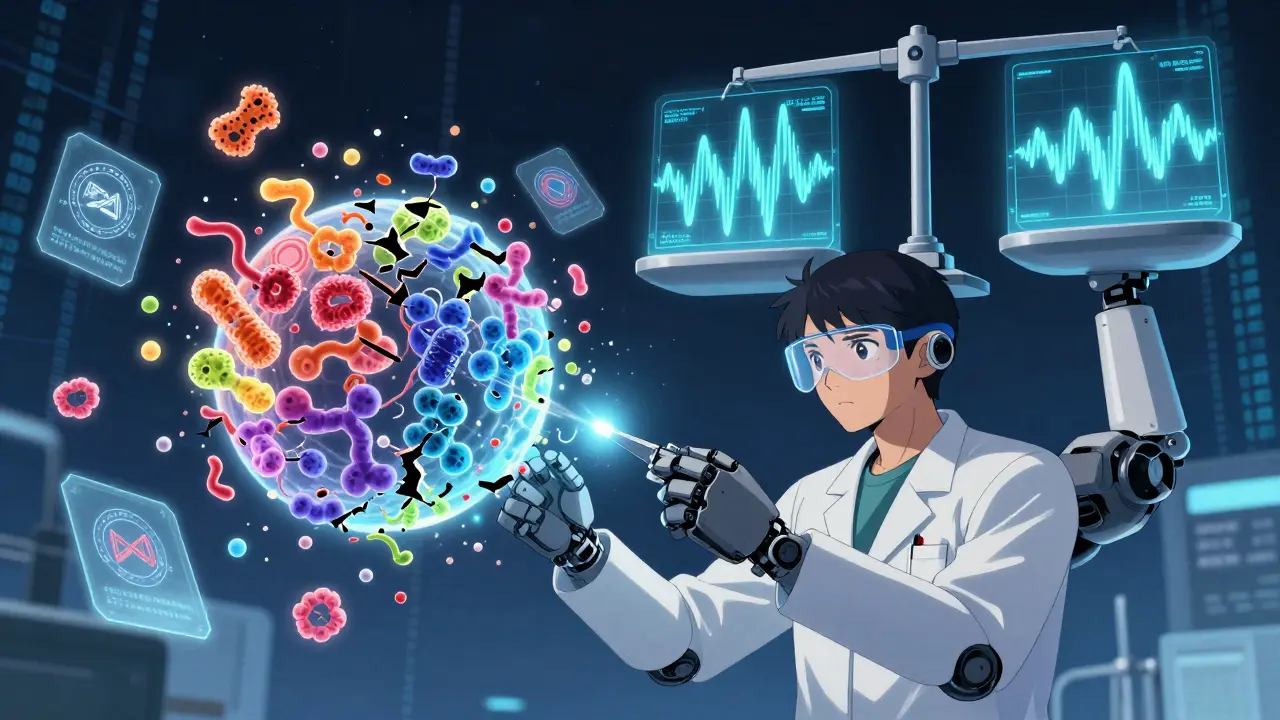 A robotic lab technician analyzing a fractured antibody molecule with glowing variations and FDA seals in the background.