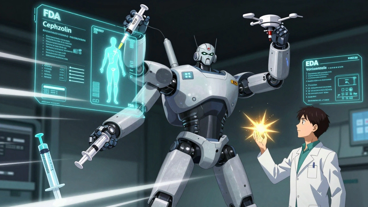 A robotic pharmacist adjusting multiple drug doses using body scan data and TDM technology.