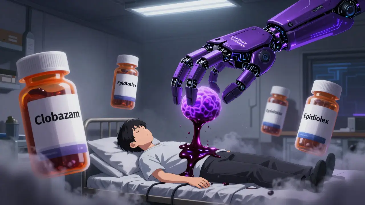 A teenager asleep in bed, engulfed by sedative mist from spilled CBD and clobazam bottles, with a robotic hand inhibiting brain activity.
