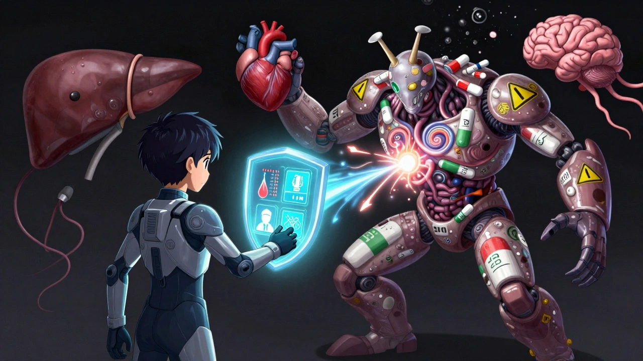 A young patient fights a monstrous drug entity with organ limbs using a shield of monitoring icons and genetic data.