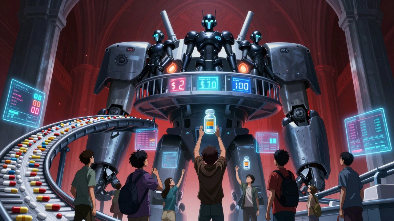Corporate overlords watch as pill prices skyrocket on holograms above a robotic pharmacy hub filled with flowing medication.