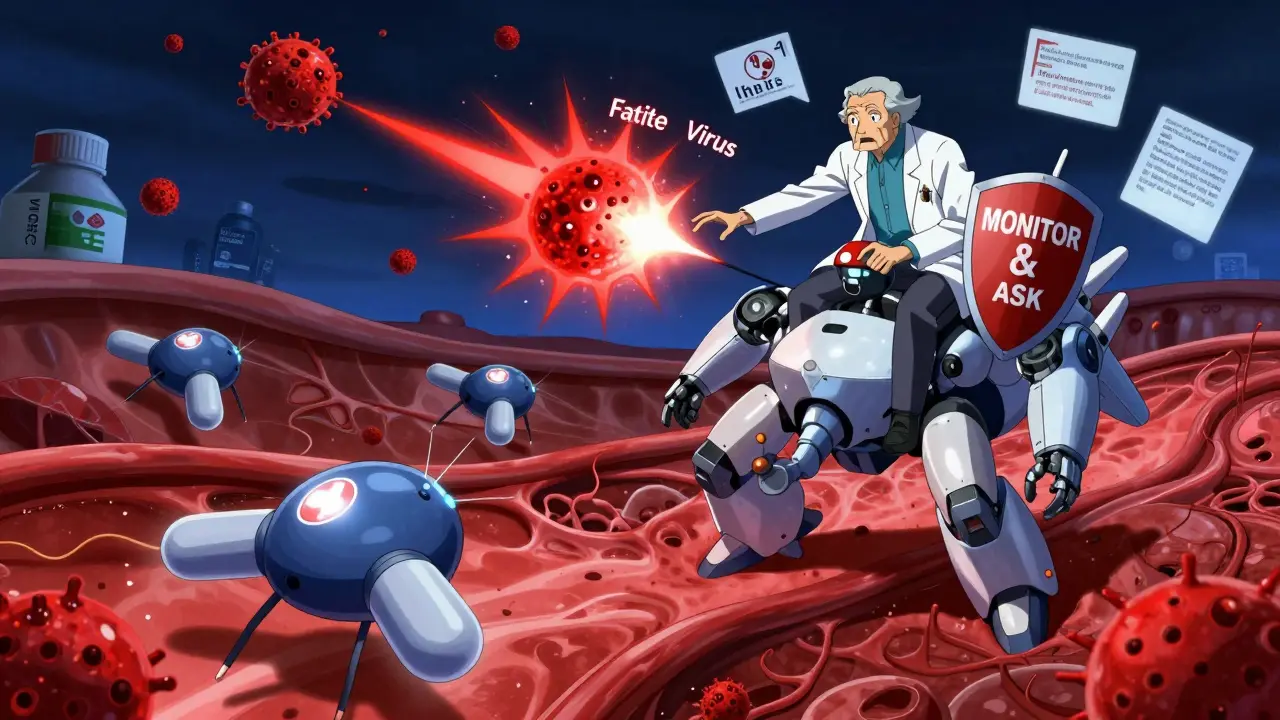 Elderly warrior on a pill-shaped mech battling toxins inside a glowing bloodstream.