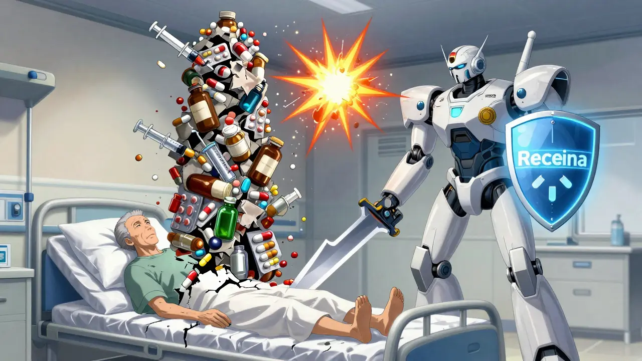 Giant pill tower crumbling over a hospital bed, a pharmacist robot dismantling it with a glowing shield.
